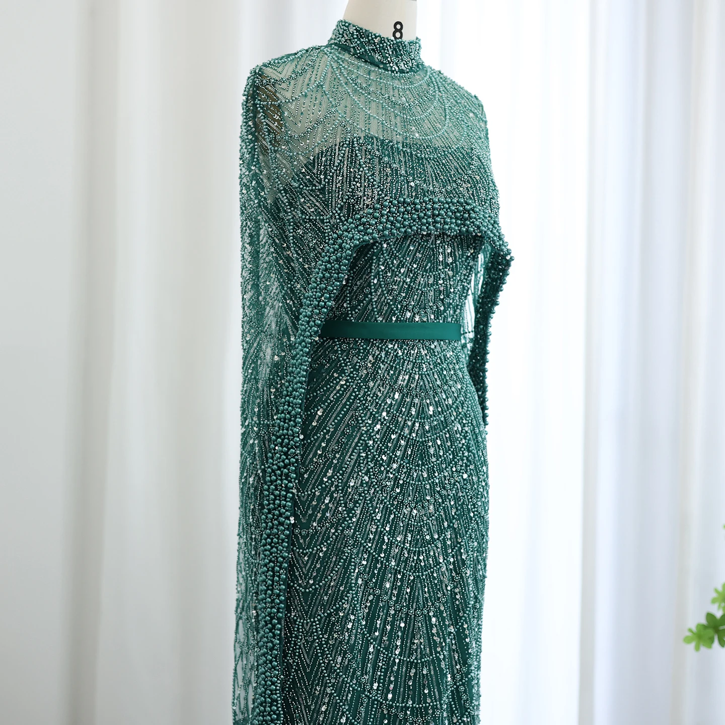 Luxury Pearls with Cape Sleeveless Crystal Sequined Mermaid Wedding Party Evening Maxi Dresses - Image 17