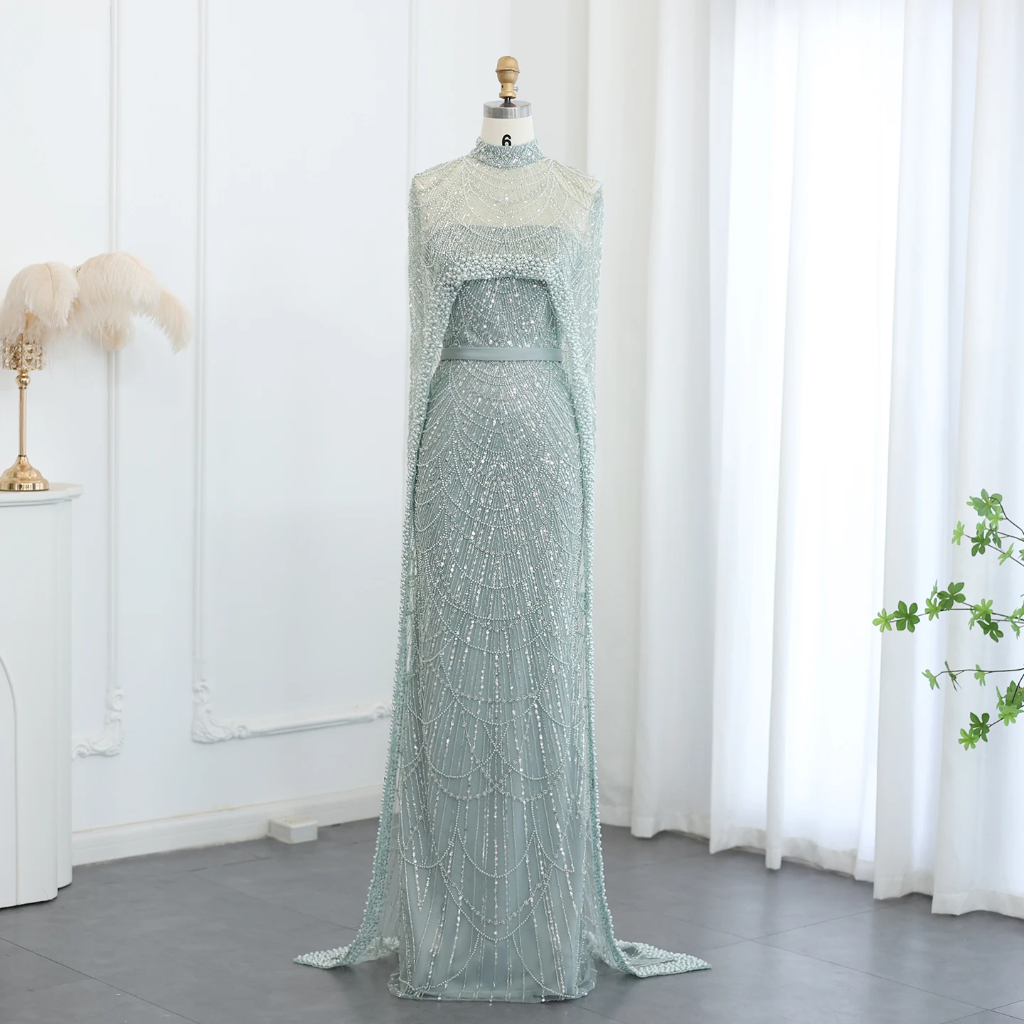 Luxury Pearls with Cape Sleeveless Crystal Sequined Mermaid Wedding Party Evening Maxi Dresses - Image 25