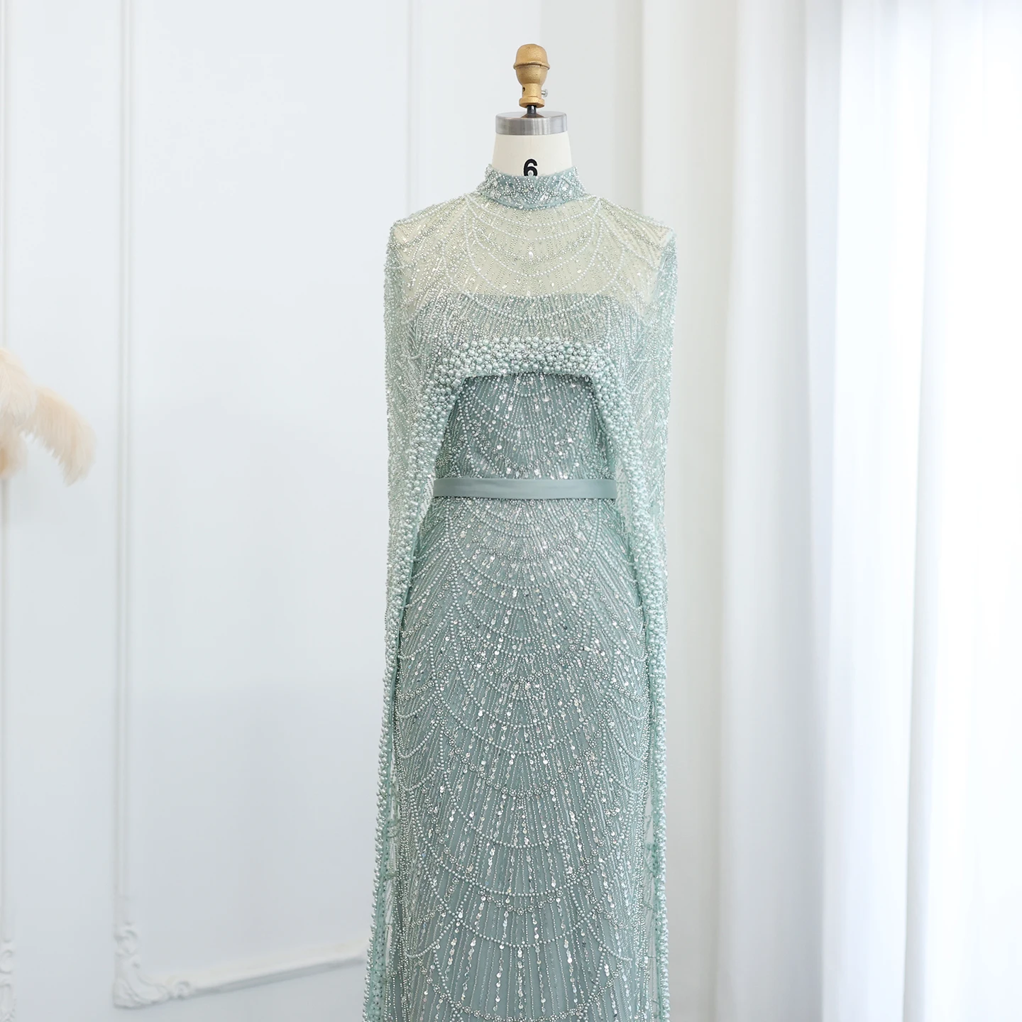 Luxury Pearls with Cape Sleeveless Crystal Sequined Mermaid Wedding Party Evening Maxi Dresses - Image 26