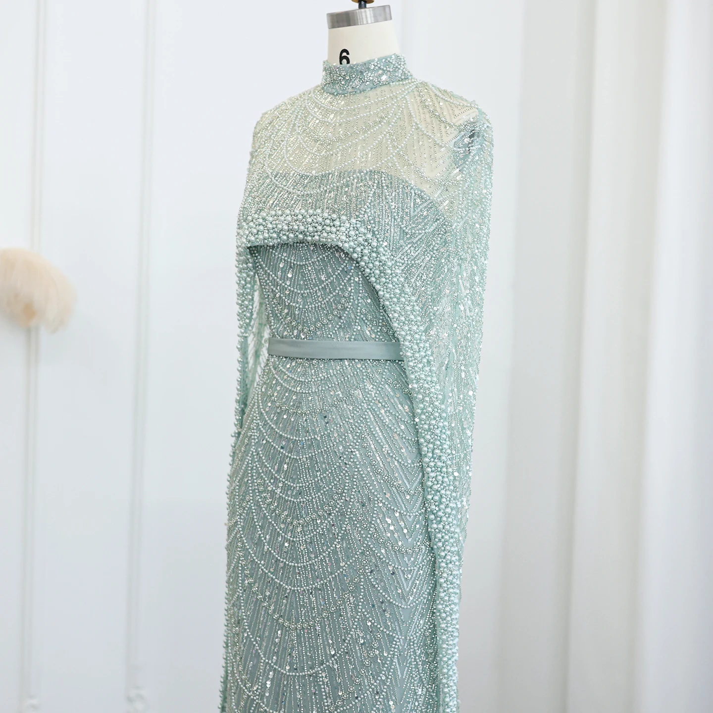 Luxury Pearls with Cape Sleeveless Crystal Sequined Mermaid Wedding Party Evening Maxi Dresses - Image 27