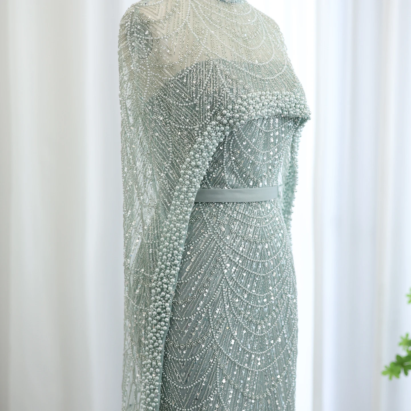 Luxury Pearls with Cape Sleeveless Crystal Sequined Mermaid Wedding Party Evening Maxi Dresses - Image 29