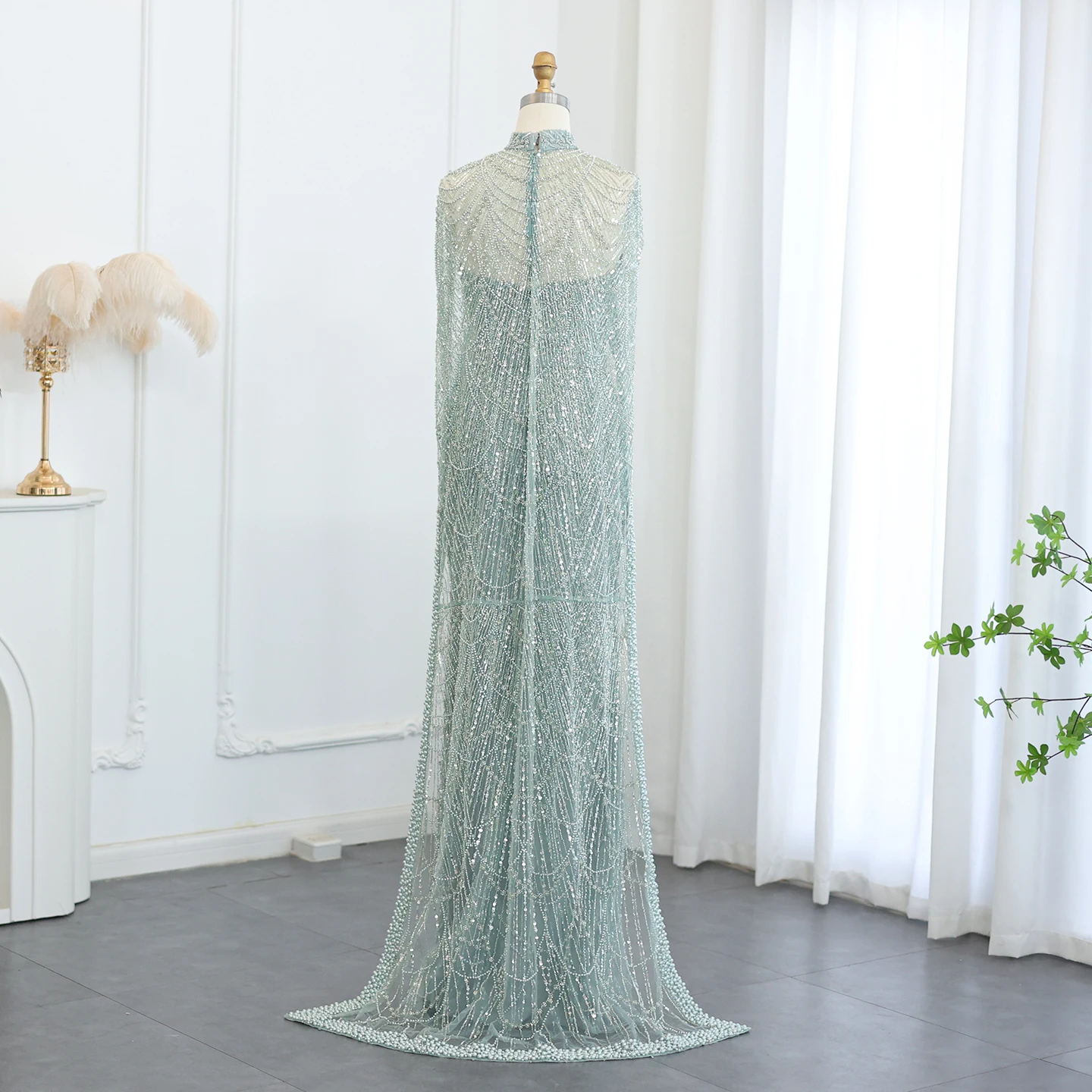 Luxury Pearls with Cape Sleeveless Crystal Sequined Mermaid Wedding Party Evening Maxi Dresses - Image 30