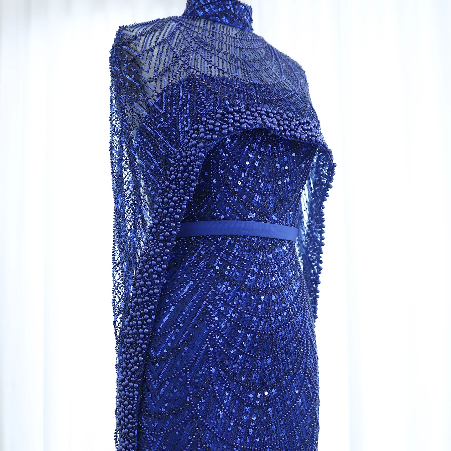 Luxury Pearls with Cape Sleeveless Crystal Sequined Mermaid Wedding Party Evening Maxi Dresses - Image 32