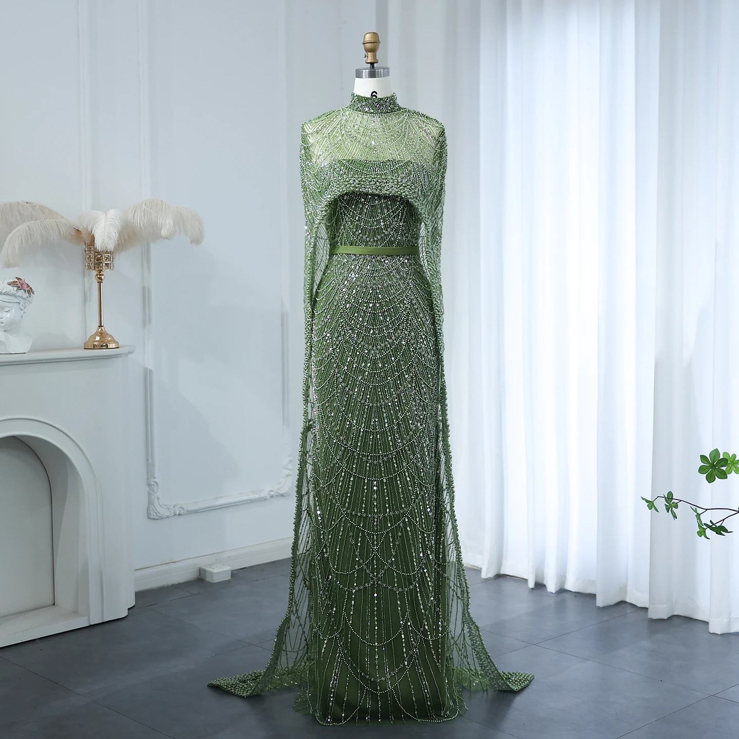 Luxury Pearls with Cape Sleeveless Crystal Sequined Mermaid Wedding Party Evening Maxi Dresses - Image 34