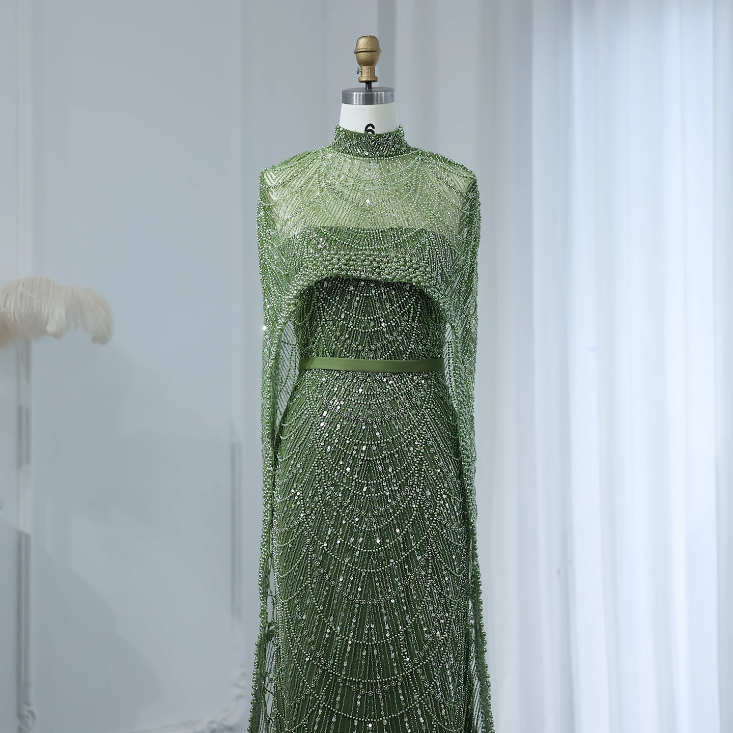 Luxury Pearls with Cape Sleeveless Crystal Sequined Mermaid Wedding Party Evening Maxi Dresses - Image 35