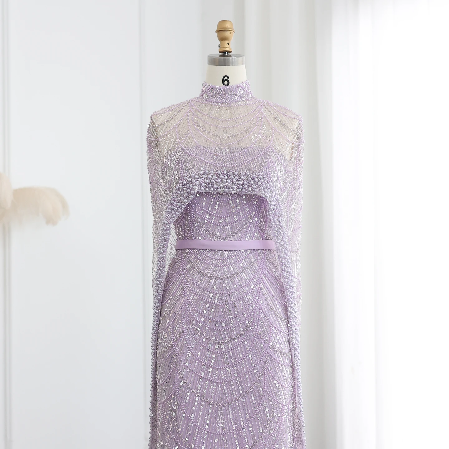 Luxury Pearls with Cape Sleeveless Crystal Sequined Mermaid Wedding Party Evening Maxi Dresses - Image 40