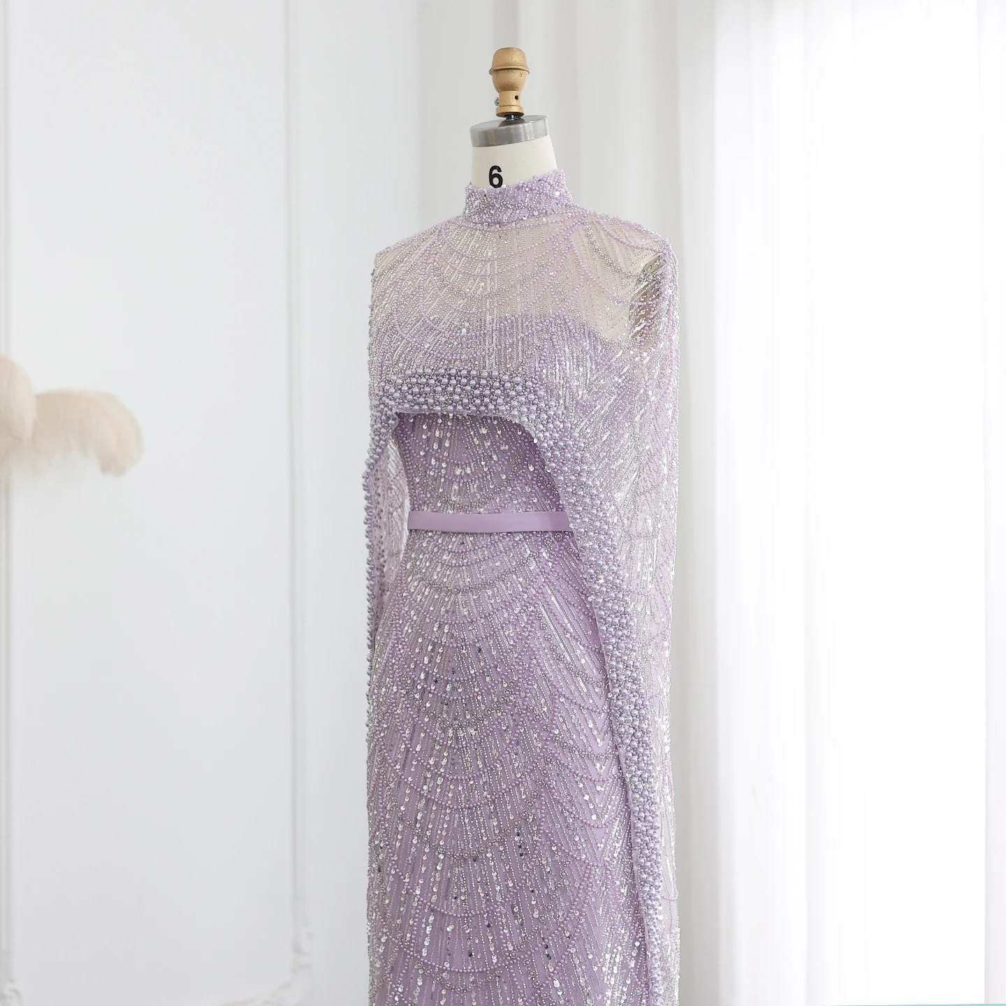 Luxury Pearls with Cape Sleeveless Crystal Sequined Mermaid Wedding Party Evening Maxi Dresses - Image 41