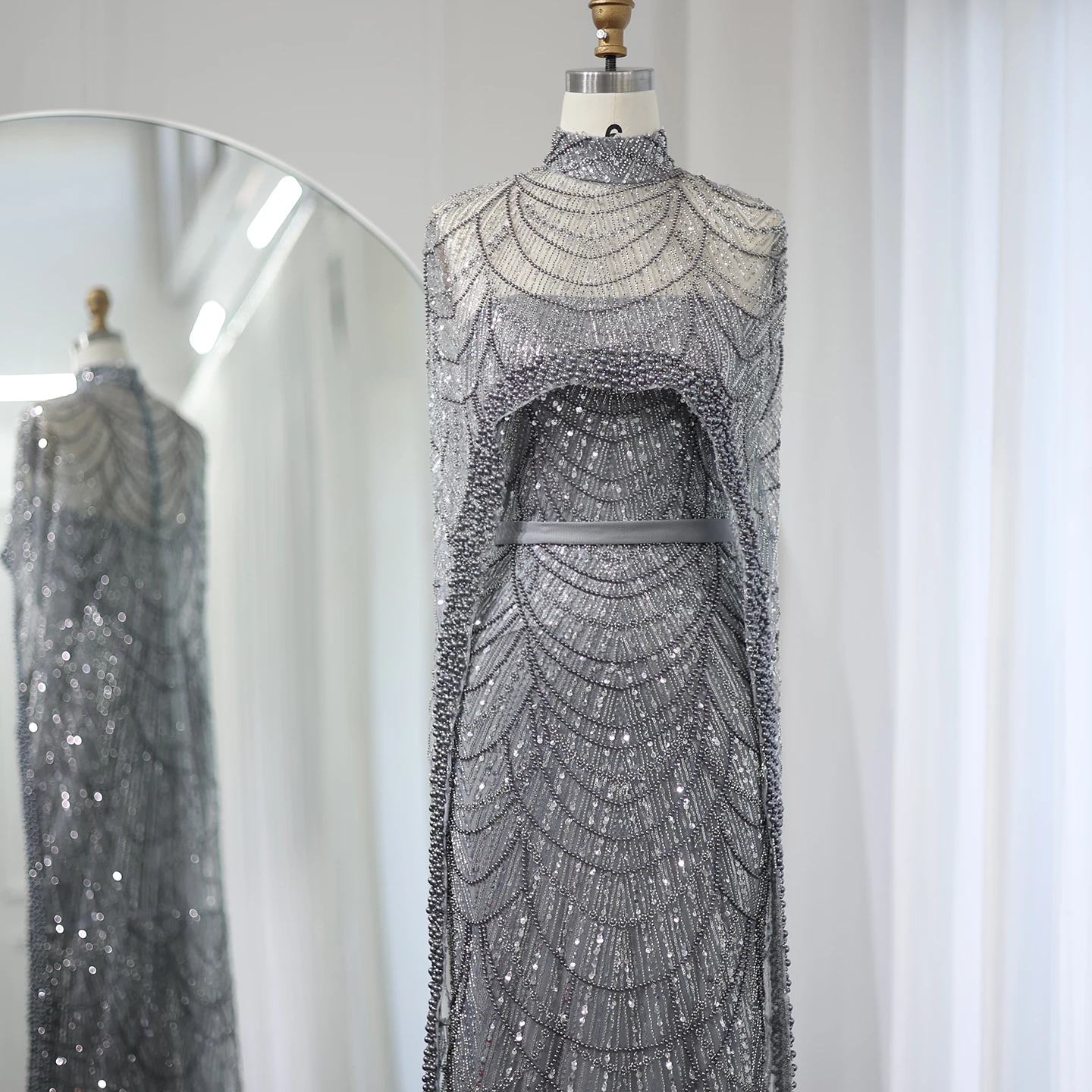 Luxury Pearls with Cape Sleeveless Crystal Sequined Mermaid Wedding Party Evening Maxi Dresses - Image 48