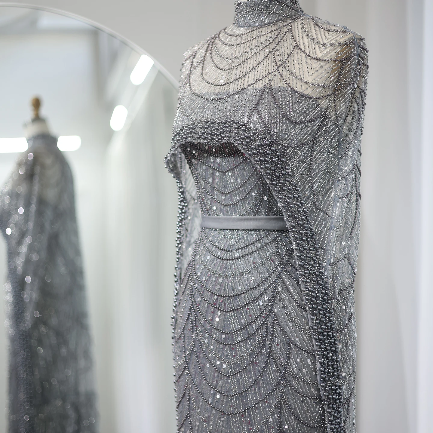 Luxury Pearls with Cape Sleeveless Crystal Sequined Mermaid Wedding Party Evening Maxi Dresses - Image 49