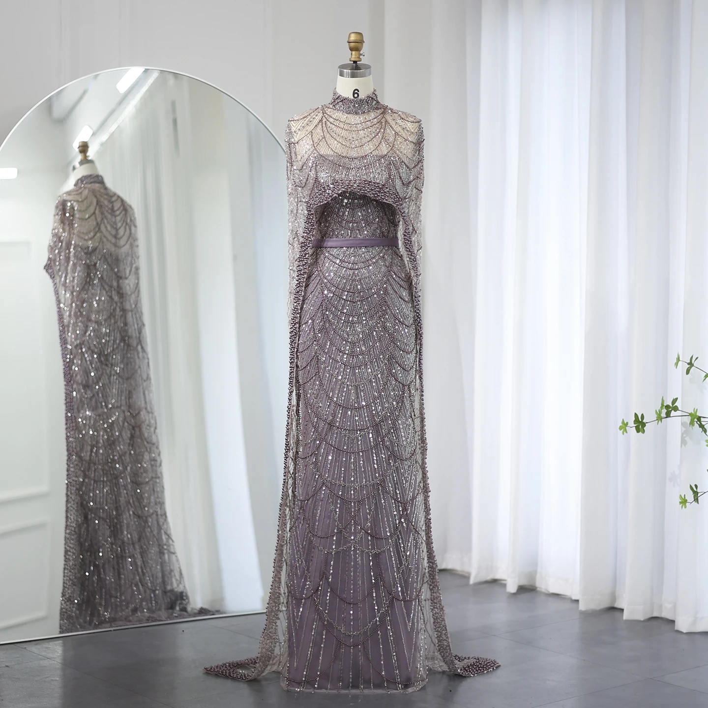 Luxury Pearls with Cape Sleeveless Crystal Sequined Mermaid Wedding Party Evening Maxi Dresses - Image 54