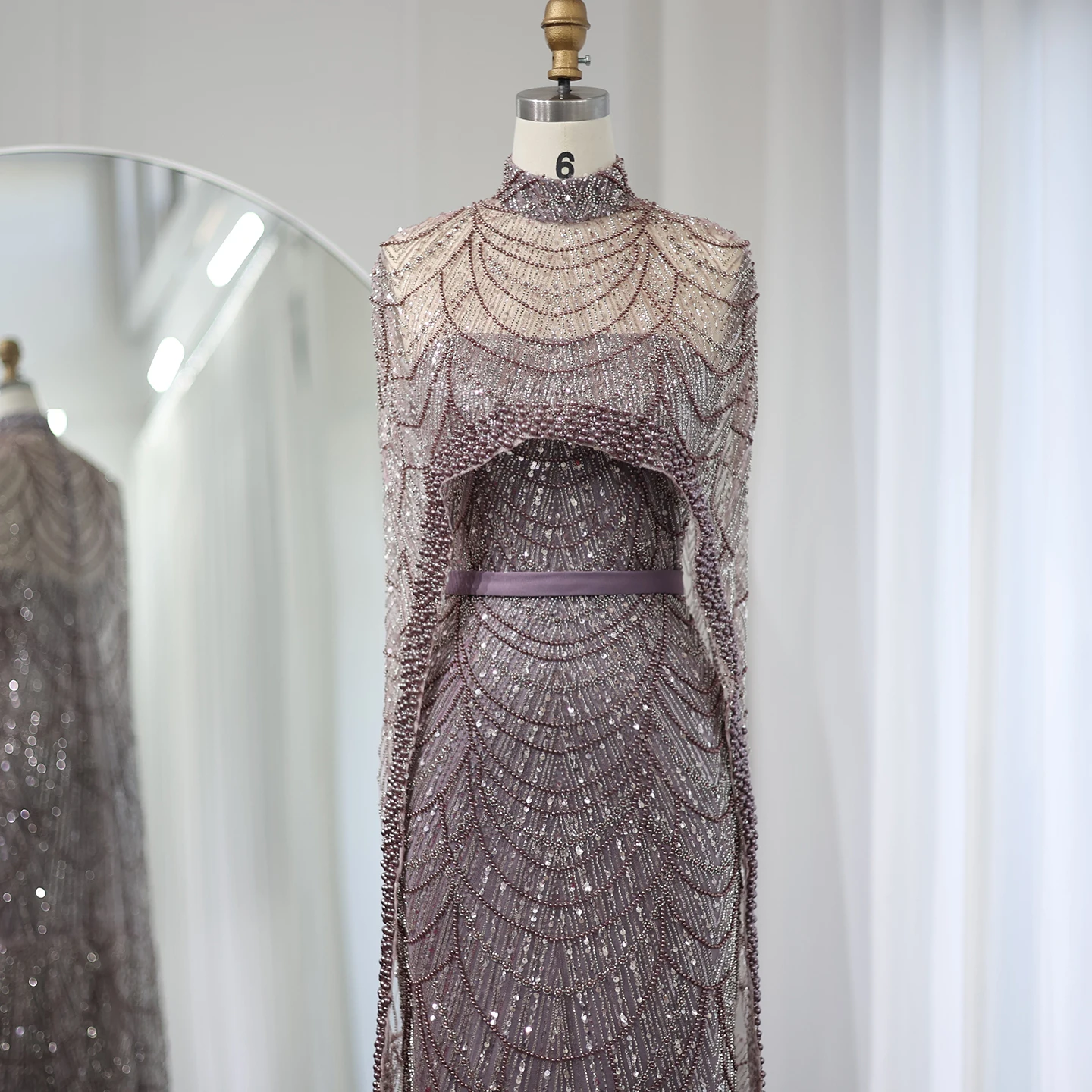 Luxury Pearls with Cape Sleeveless Crystal Sequined Mermaid Wedding Party Evening Maxi Dresses - Image 55