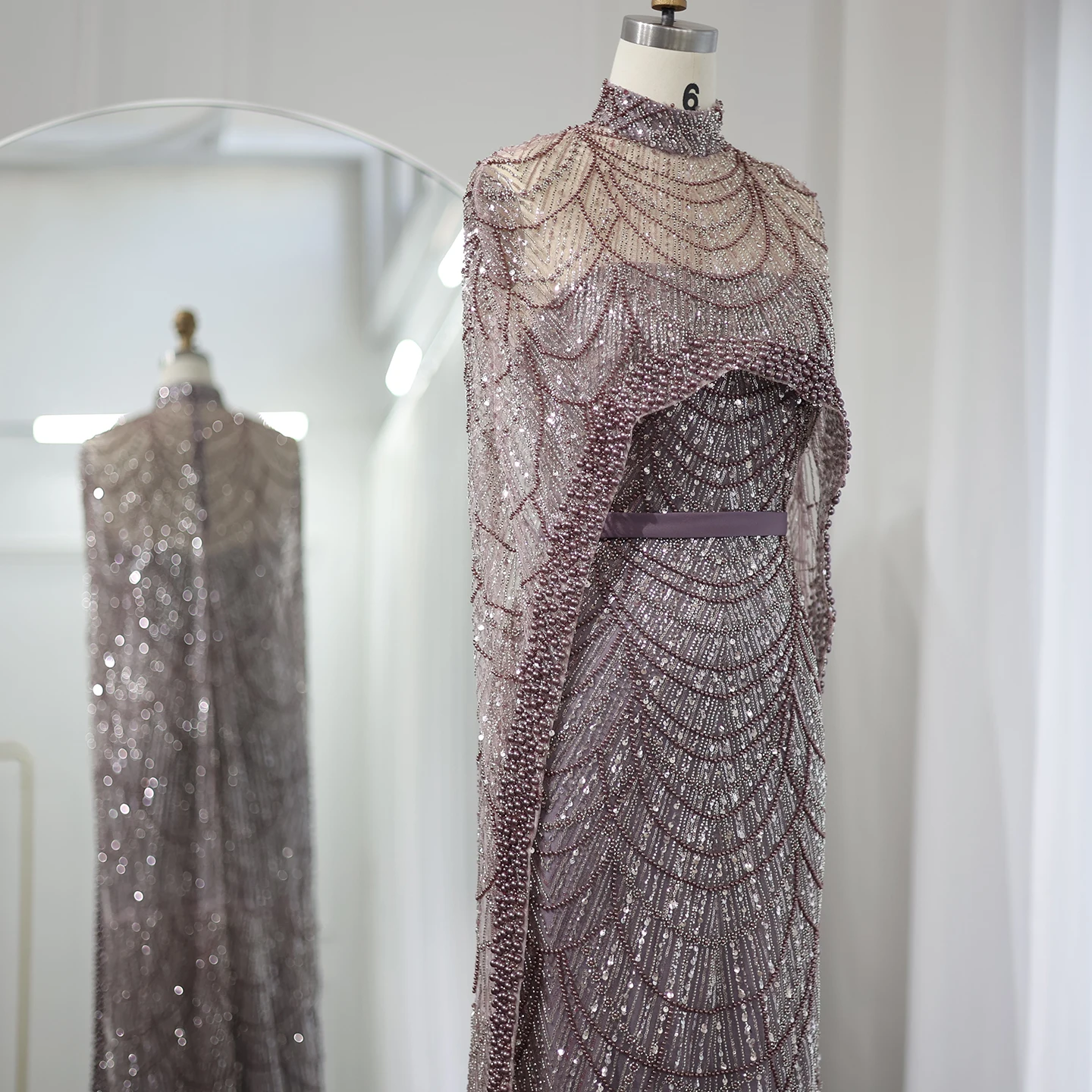 Luxury Pearls with Cape Sleeveless Crystal Sequined Mermaid Wedding Party Evening Maxi Dresses - Image 59