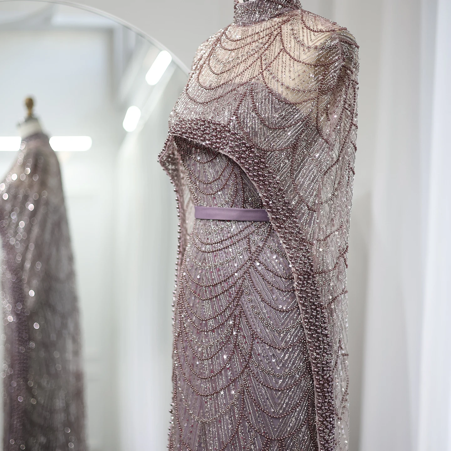 Luxury Pearls with Cape Sleeveless Crystal Sequined Mermaid Wedding Party Evening Maxi Dresses - Image 60