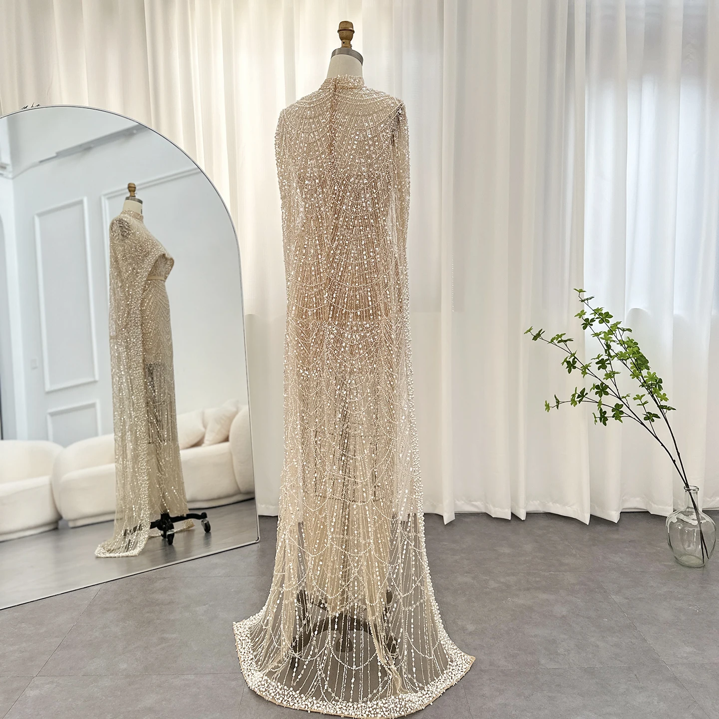 Luxury Pearls with Cape Sleeveless Crystal Sequined Mermaid Wedding Party Evening Maxi Dresses - Image 22