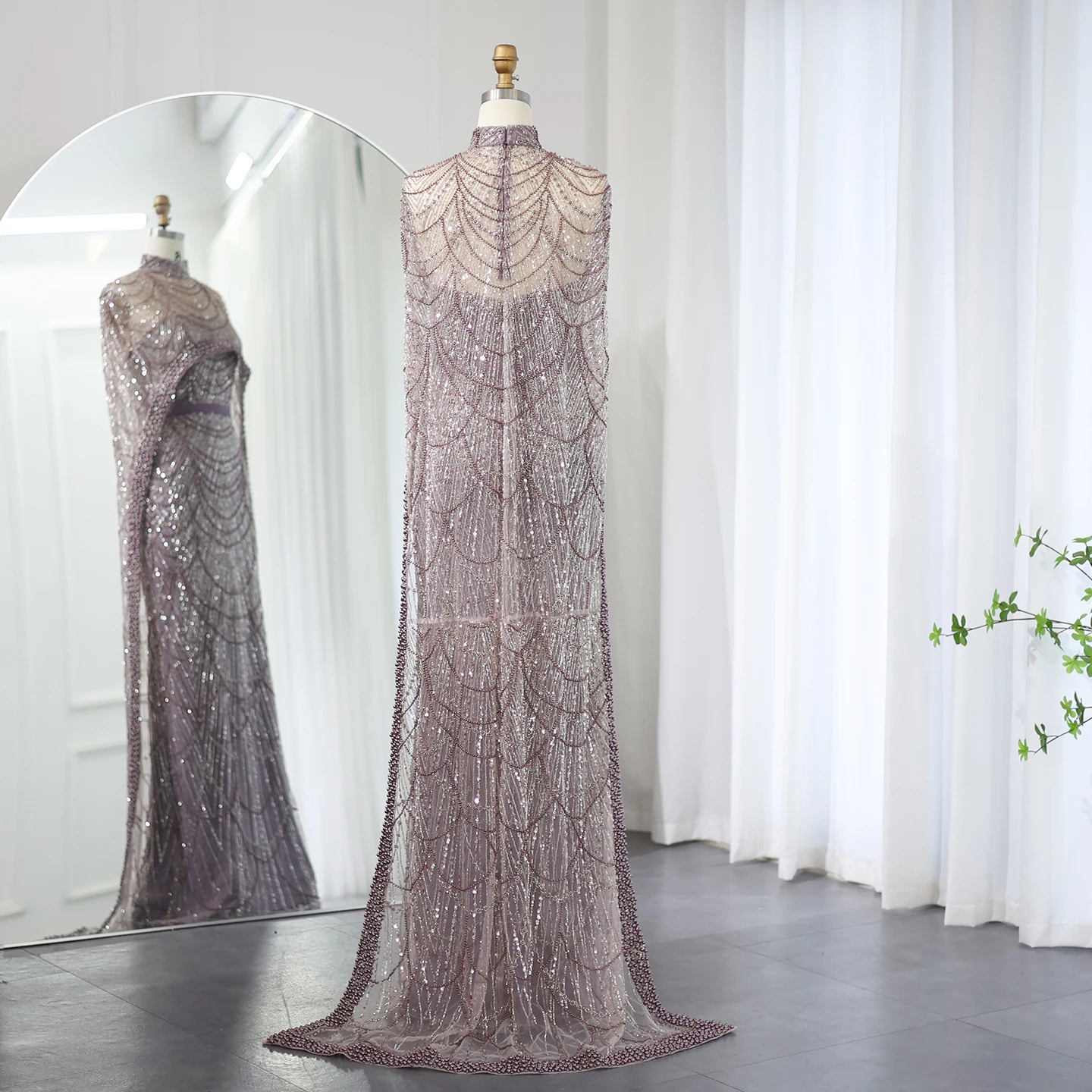 Luxury Pearls with Cape Sleeveless Crystal Sequined Mermaid Wedding Party Evening Maxi Dresses - Image 61