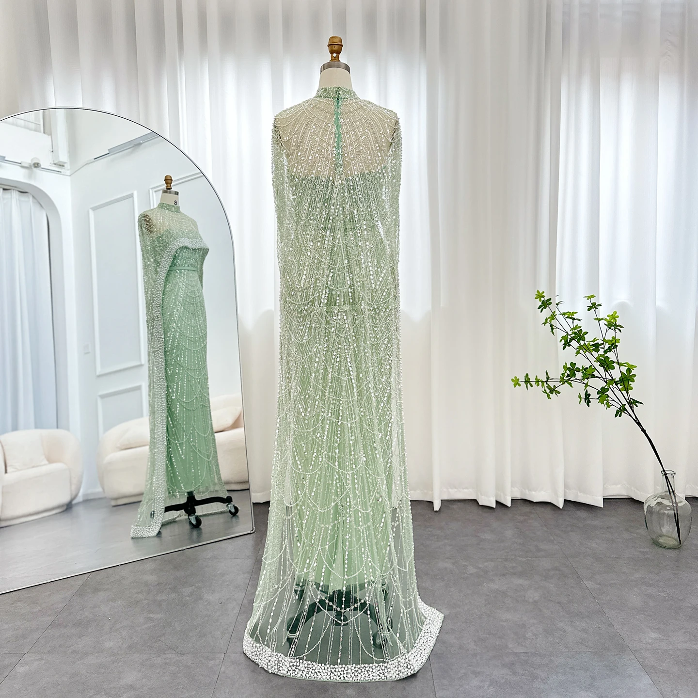 Luxury Pearls with Cape Sleeveless Crystal Sequined Mermaid Wedding Party Evening Maxi Dresses - Image 46