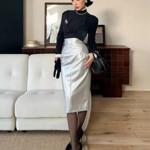 Luxury Pu Leather Back Slit Mid-Calf High Waist Midi Pencil Skirt