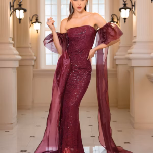 Luxury Puff Sleeves Backless Sequined Strapless Floor Length Evening Maxi Gown