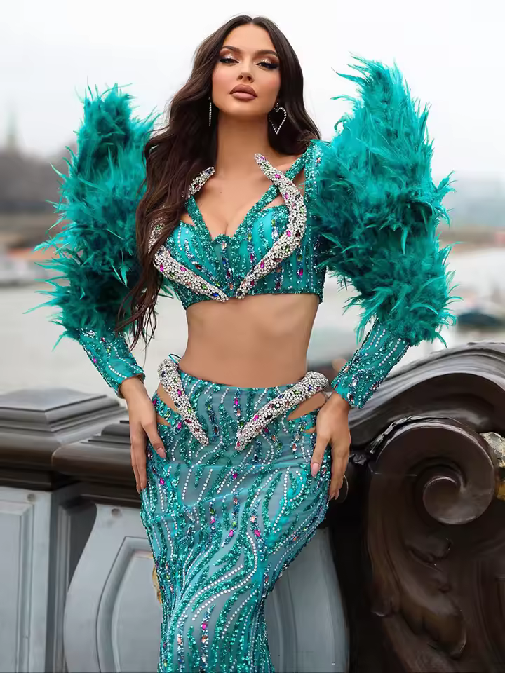 Luxury V-Neck Long Sleeve Sequins Feather Maxi Long Mermaid Gowns Dress - Image 4