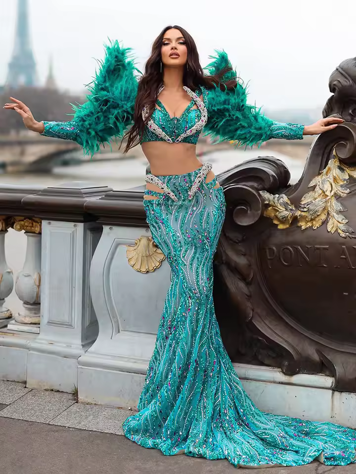 Luxury V-Neck Long Sleeve Sequins Feather Maxi Long Mermaid Gowns Dress