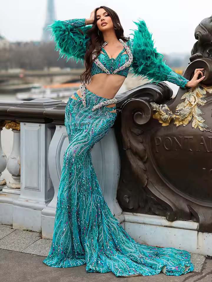 Luxury V-Neck Long Sleeve Sequins Feather Maxi Long Mermaid Gowns Dress - Image 2