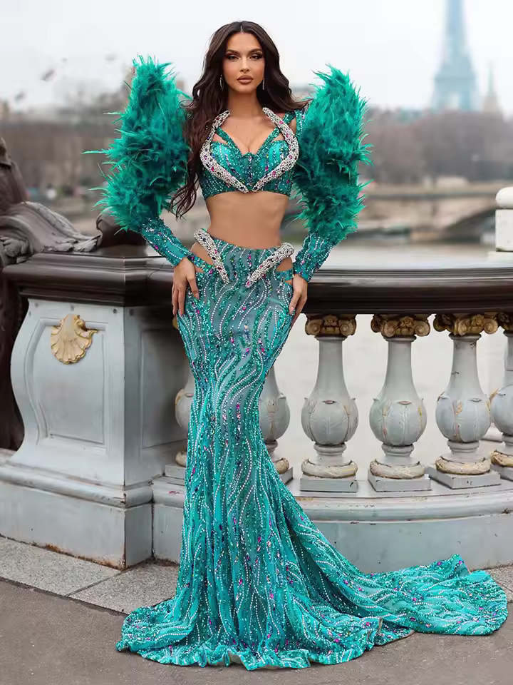Luxury V-Neck Long Sleeve Sequins Feather Maxi Long Mermaid Gowns Dress - Image 3