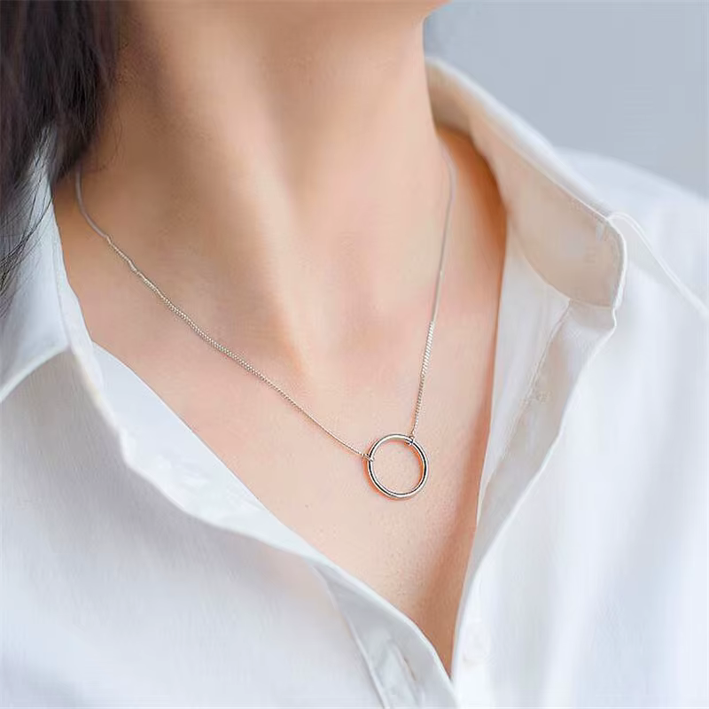 Minimalist Real 925 Sterling Silver Geometric Round Pendant Necklace