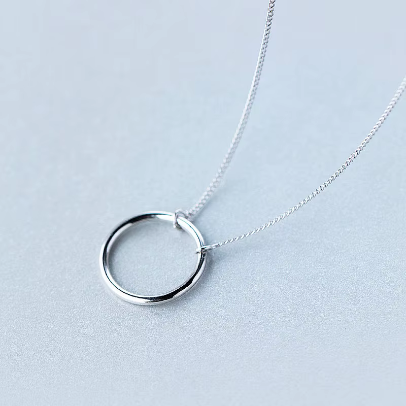 Minimalist Real 925 Sterling Silver Geometric Round Pendant Necklace - Image 3