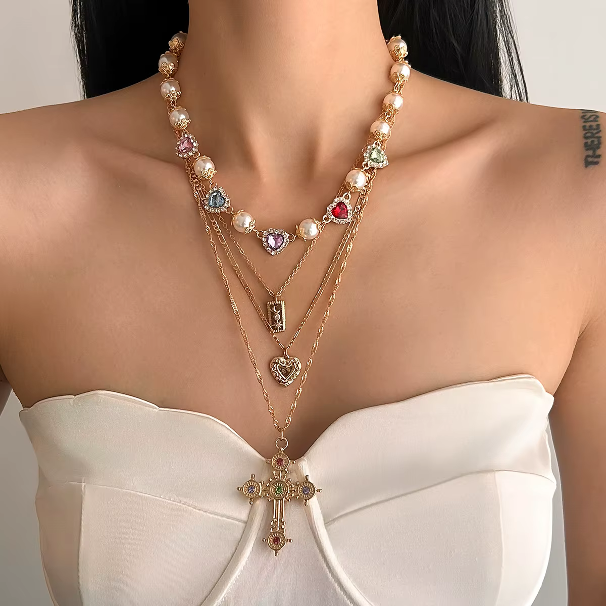 Multilayer Rhinestone Love Heart Imitation Pearl Chain Necklace