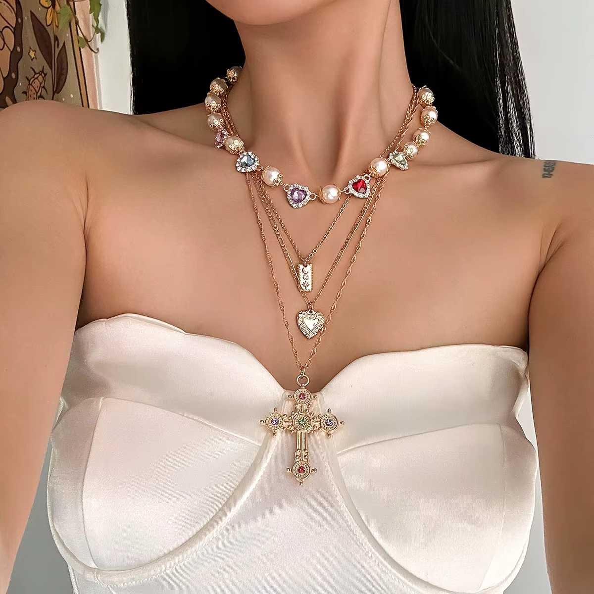 Multilayer Rhinestone Love Heart Imitation Pearl Chain Necklace - Image 3