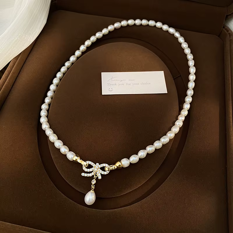 Natural Freshwater Pearl Elegant Bowknot 14K Gold Filled Short Chain Necklace - Image 3