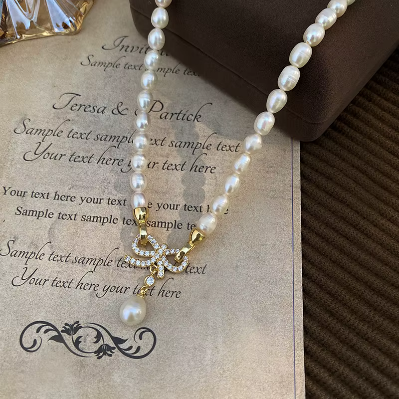 Natural Freshwater Pearl Elegant Bowknot 14K Gold Filled Short Chain Necklace - Image 6