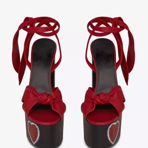 Elegant Platform Knotted Solid Color Lace Up Chunky High Heel