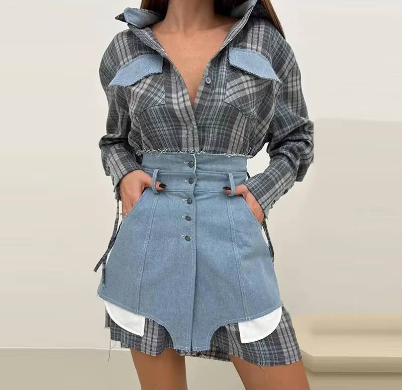 Preppy Style Patchwork Striped Long Sleeve Lapel Shirts And Skirt Slim Outfit - Image 4