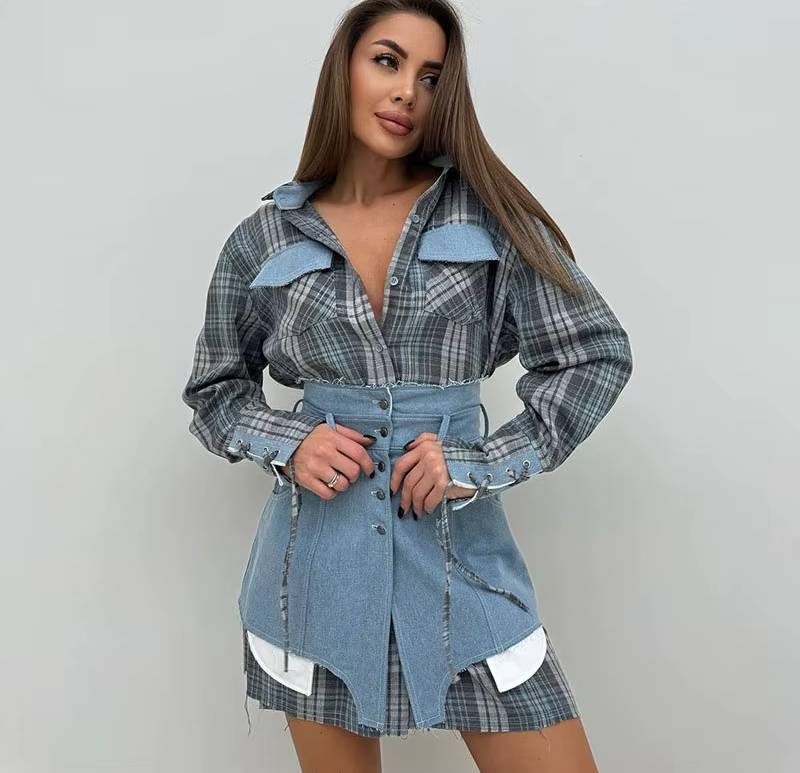 Preppy Style Patchwork Striped Long Sleeve Lapel Shirts And Skirt Slim Outfit