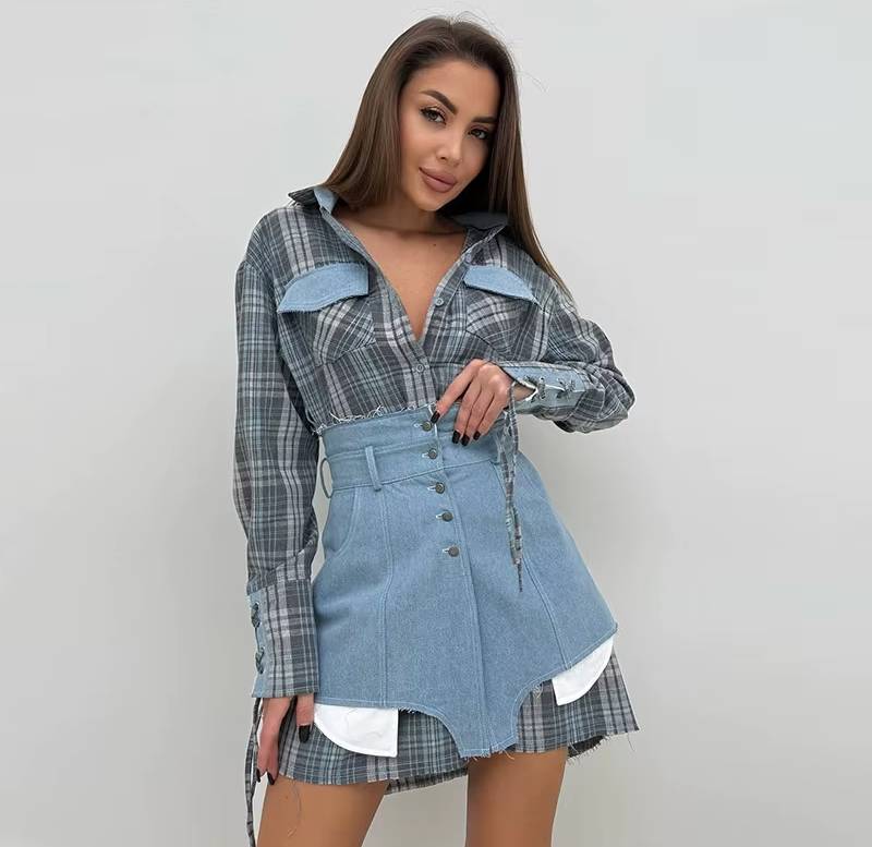 Preppy Style Patchwork Striped Long Sleeve Lapel Shirts And Skirt Slim Outfit - Image 2