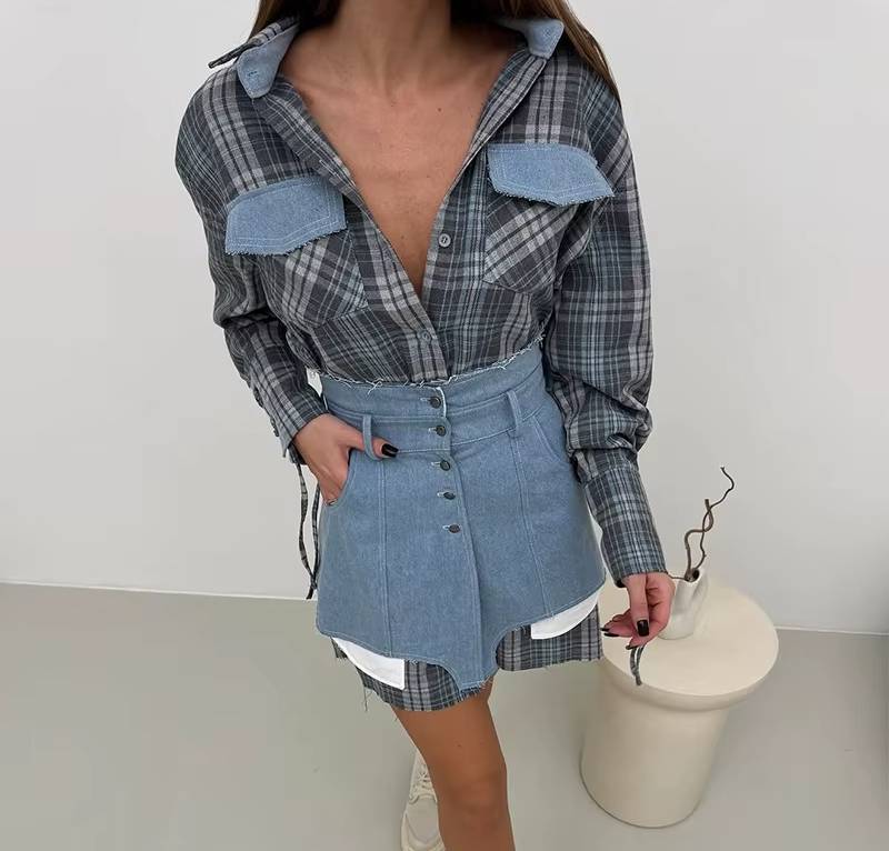 Preppy Style Patchwork Striped Long Sleeve Lapel Shirts And Skirt Slim Outfit - Image 3