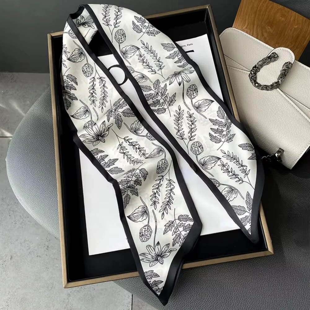 Print Hair Ribbon Scarf Neck Tie Bag Silk Skinny Headscarves - Image 2