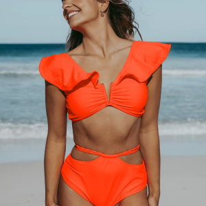 Print Push Up Swimsuit High Waist V-Neck Backless Ruffle Beach Wear Bikini Set