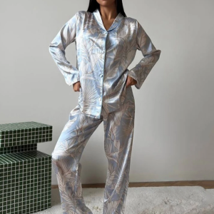 Printing Sleepwear Set Long Sleeve Turn-Down Collar Nightwear Pants Pajama 2 Piece Suit