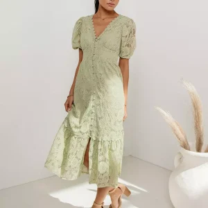 Casual Puff Sleeves Lace V-Neckline Short Sleeve Illusion Sheer Layered Midi Dress