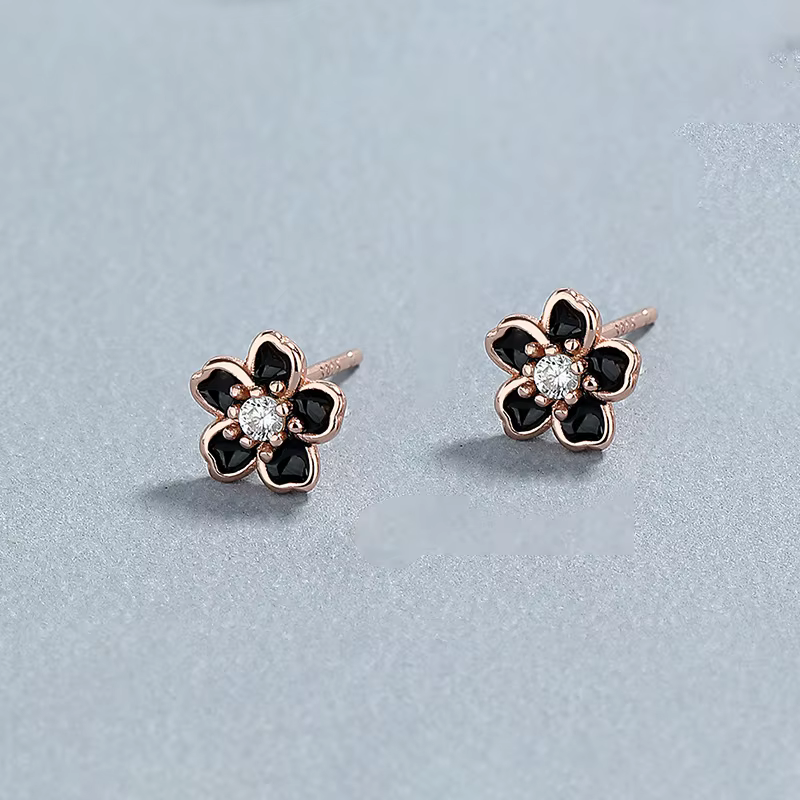 Real 925 Sterling Silver Enamel Zircon Flower Plant Stud Earrings