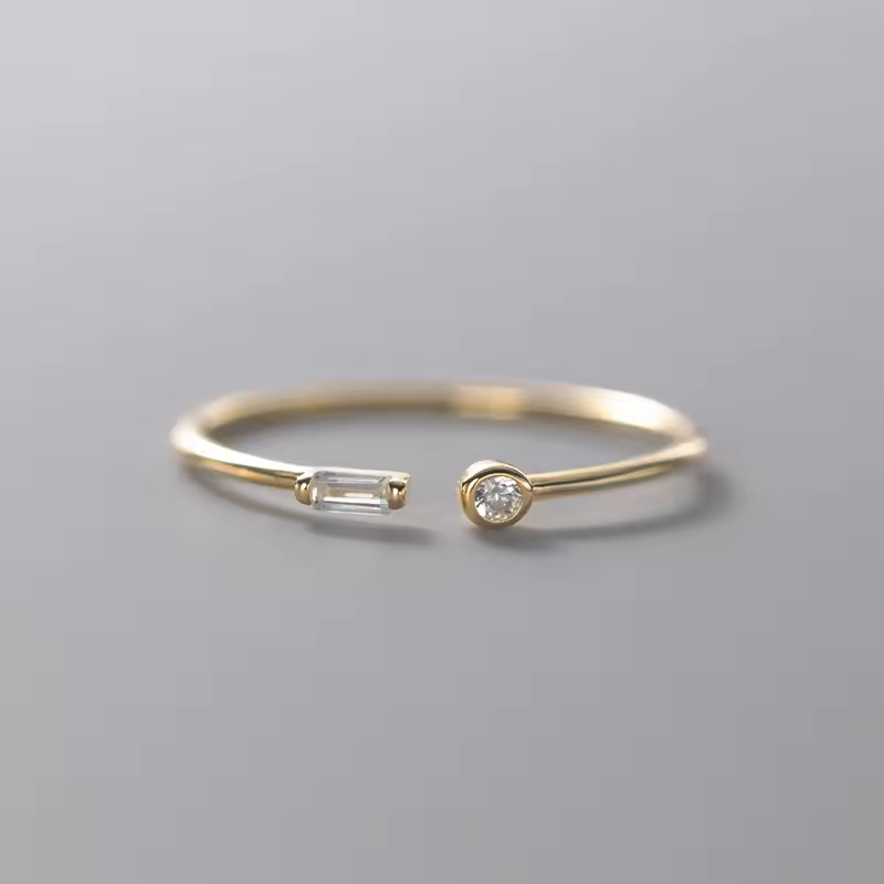 Real 925 Sterling Silver Simple Thin Clear Adjustable 14K Gold Ring - Image 2
