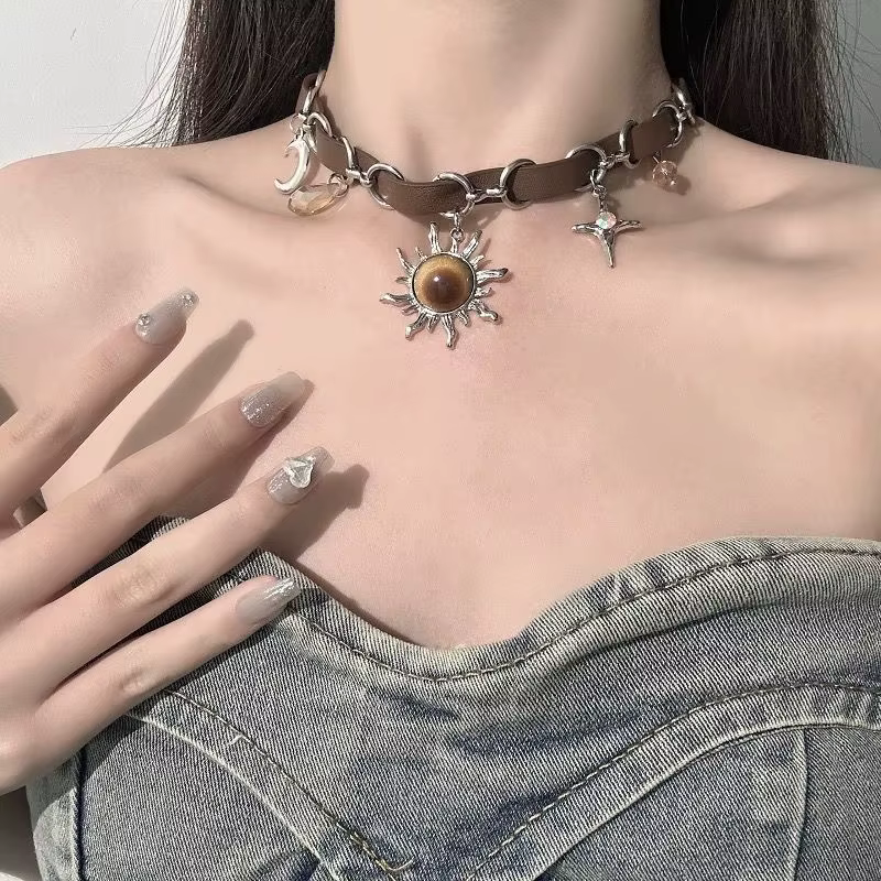Retro Hip Hop Crystal Cross Leather Patchwork Necklace