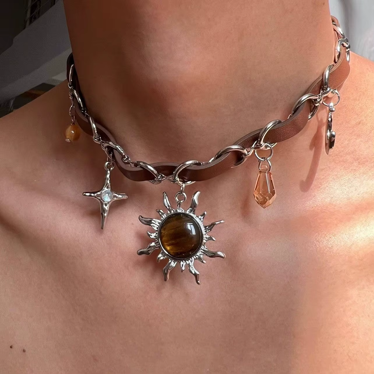 Retro Hip Hop Crystal Cross Leather Patchwork Necklace - Image 5