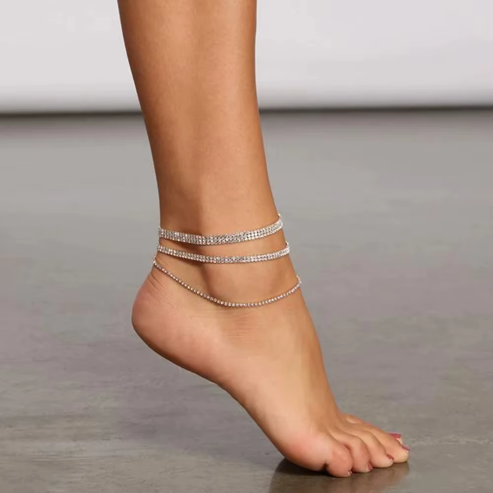 Rhinestone Bling Layered Barefoot Leg Foot Chain Anklet Bracelets