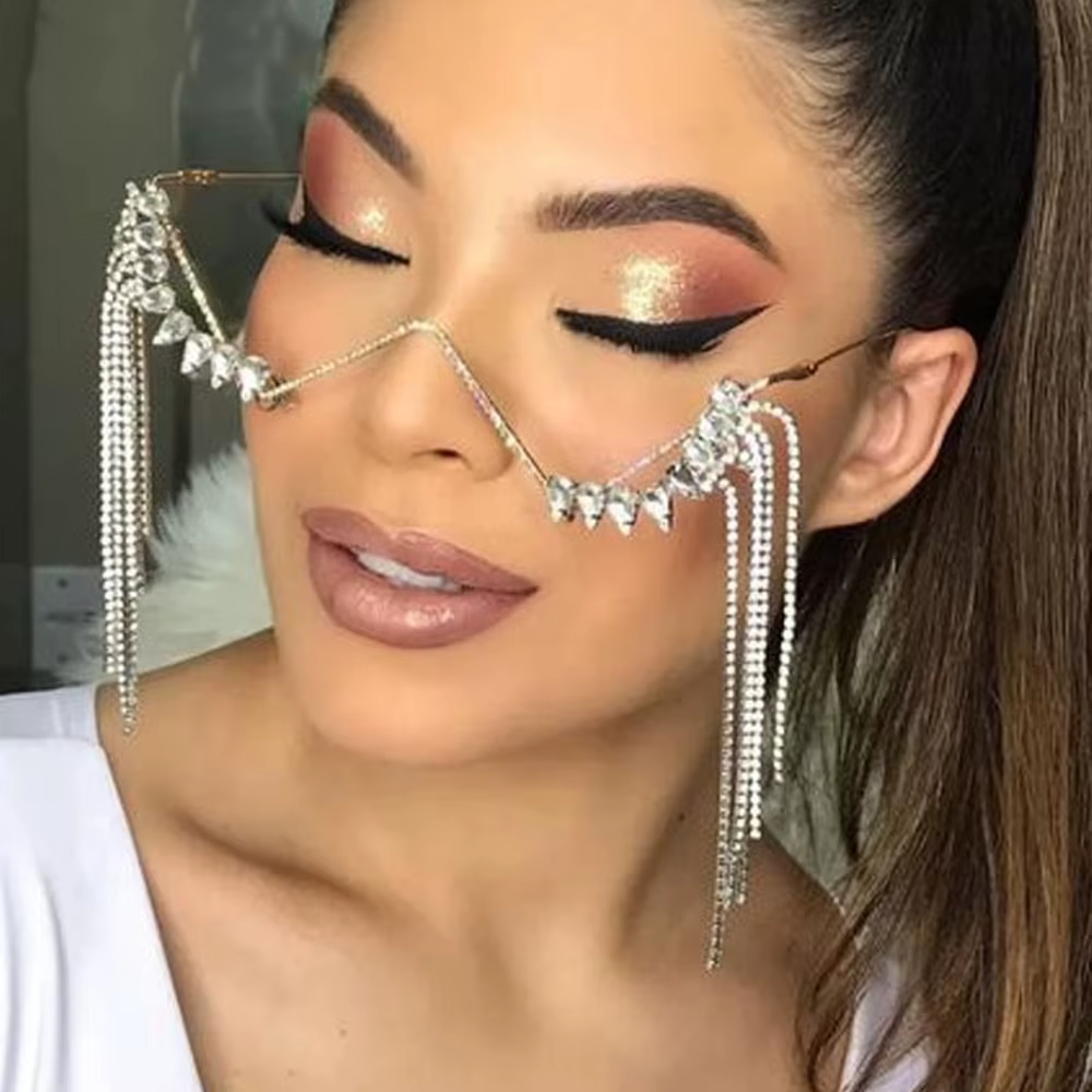 Rhinestone Drop Glasses Frame Luxury Crystal Tassel Half Frame Eyeglasses