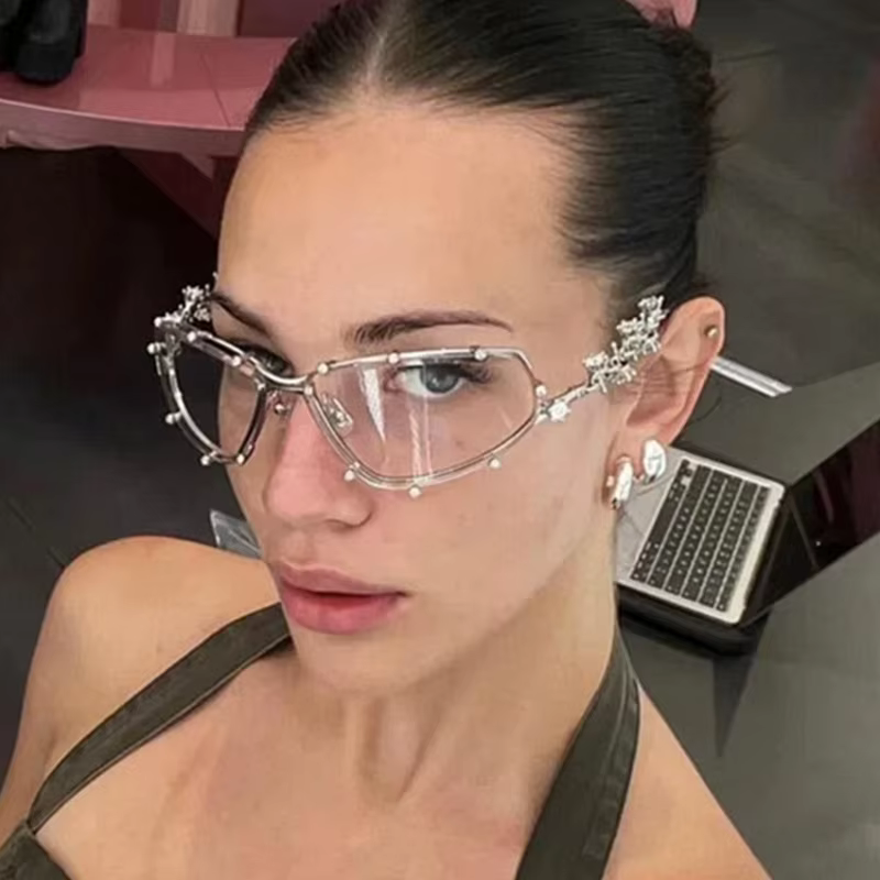 Rhinestone Frame Vintage Eyeglasses Oversized Metal Glasses frame Men Clear Lens Glasses