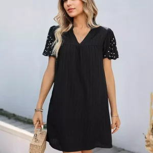 Rhinestones Short Lantern Sleeve V-neck Solid Color Shift Mini Dress