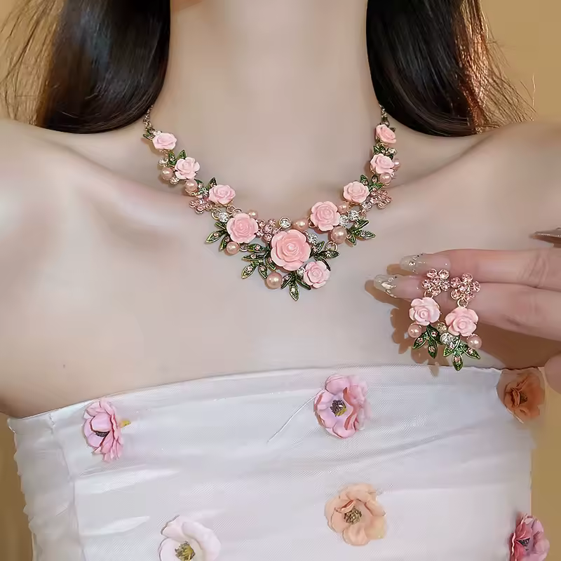 Rose Flower Party Wedding Necklace Earrings Jewelry Set